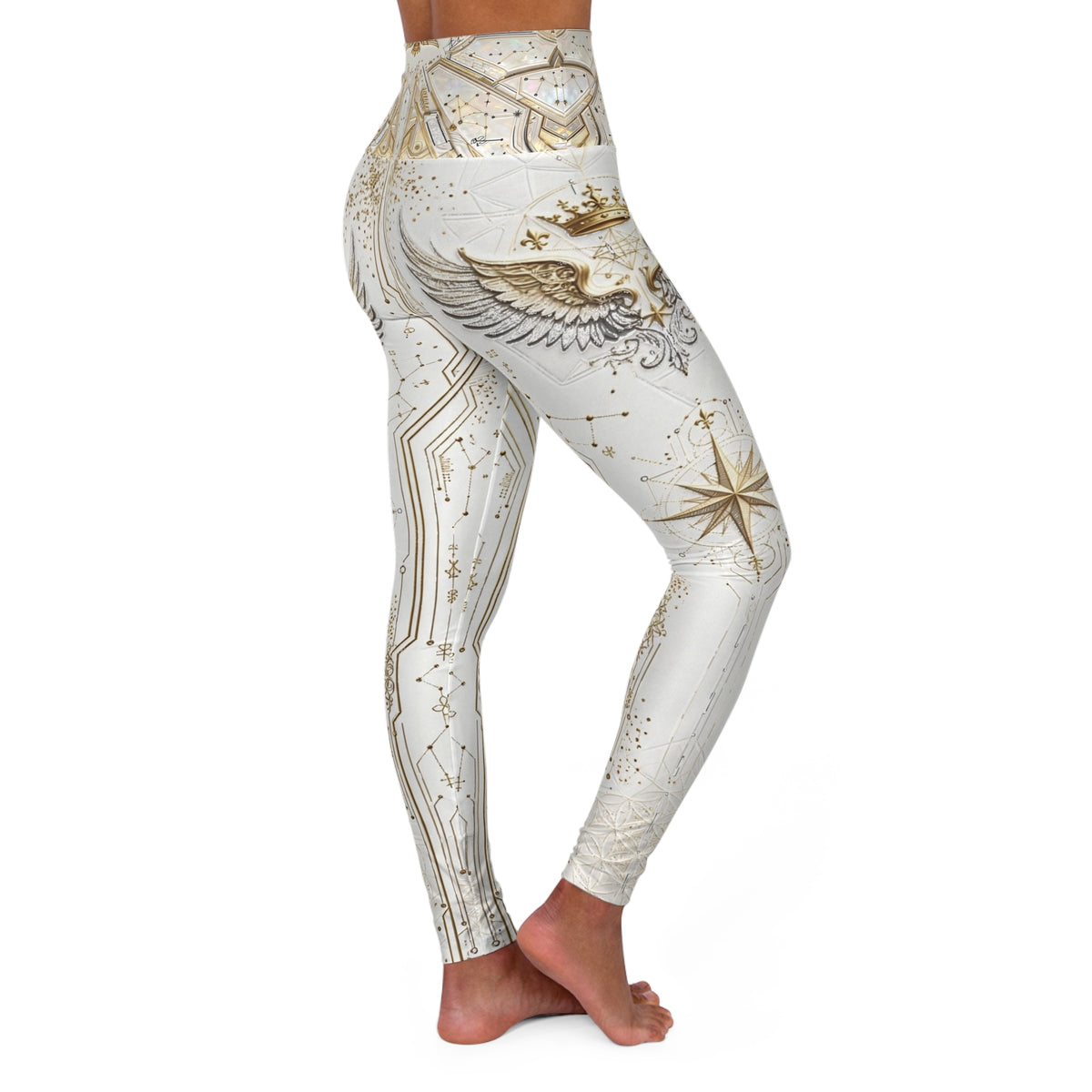 Divine Cadet Futuristic Gold Angel Wings High-Waist Yoga Leggings — Elegant Metallic AOP Activewear