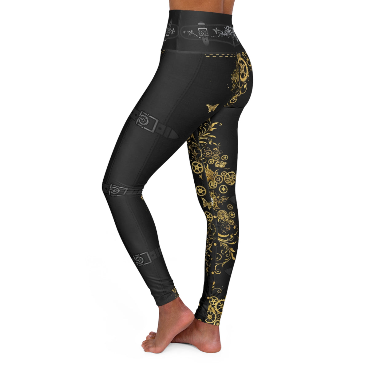 Steampunk Gold Gear High-Waisted Yoga Leggings