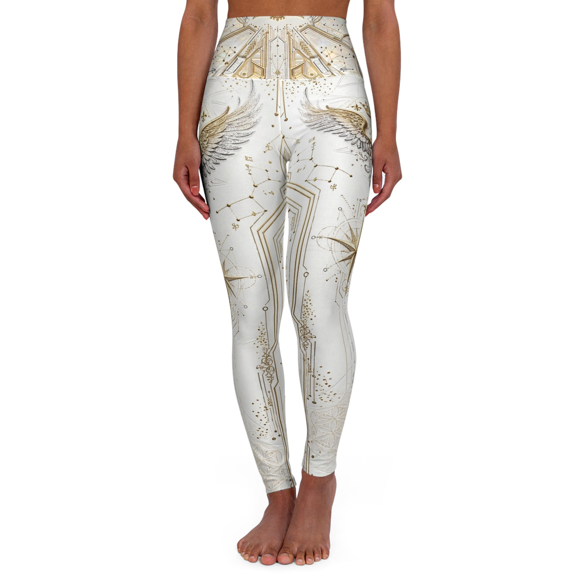 Divine Cadet  Futuristic Gold Angel Wings High-Waist  Yoga Leggings — Elegant Metallic AOP Activewear