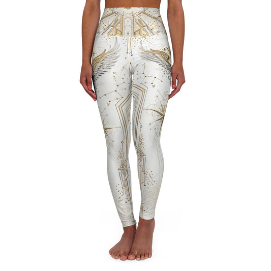 Divine Cadet  Futuristic Gold Angel Wings High-Waist  Yoga Leggings — Elegant Metallic AOP Activewear