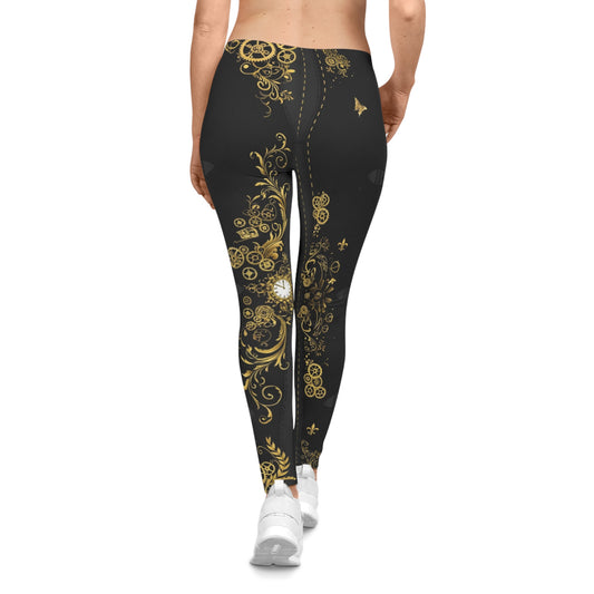 Gold Steampunk Clockwork Floral Leggings