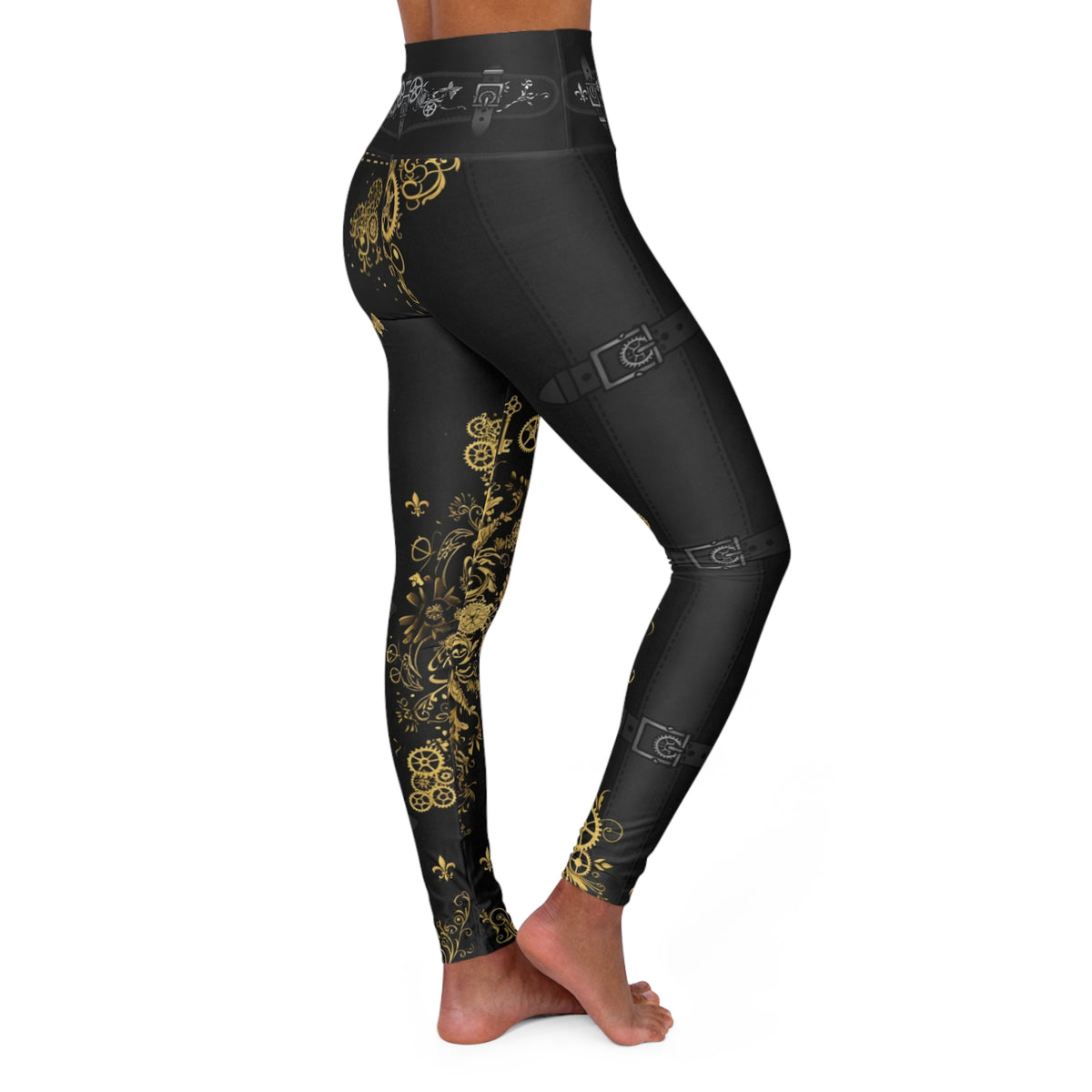 Steampunk Gold Gear High-Waisted Yoga Leggings