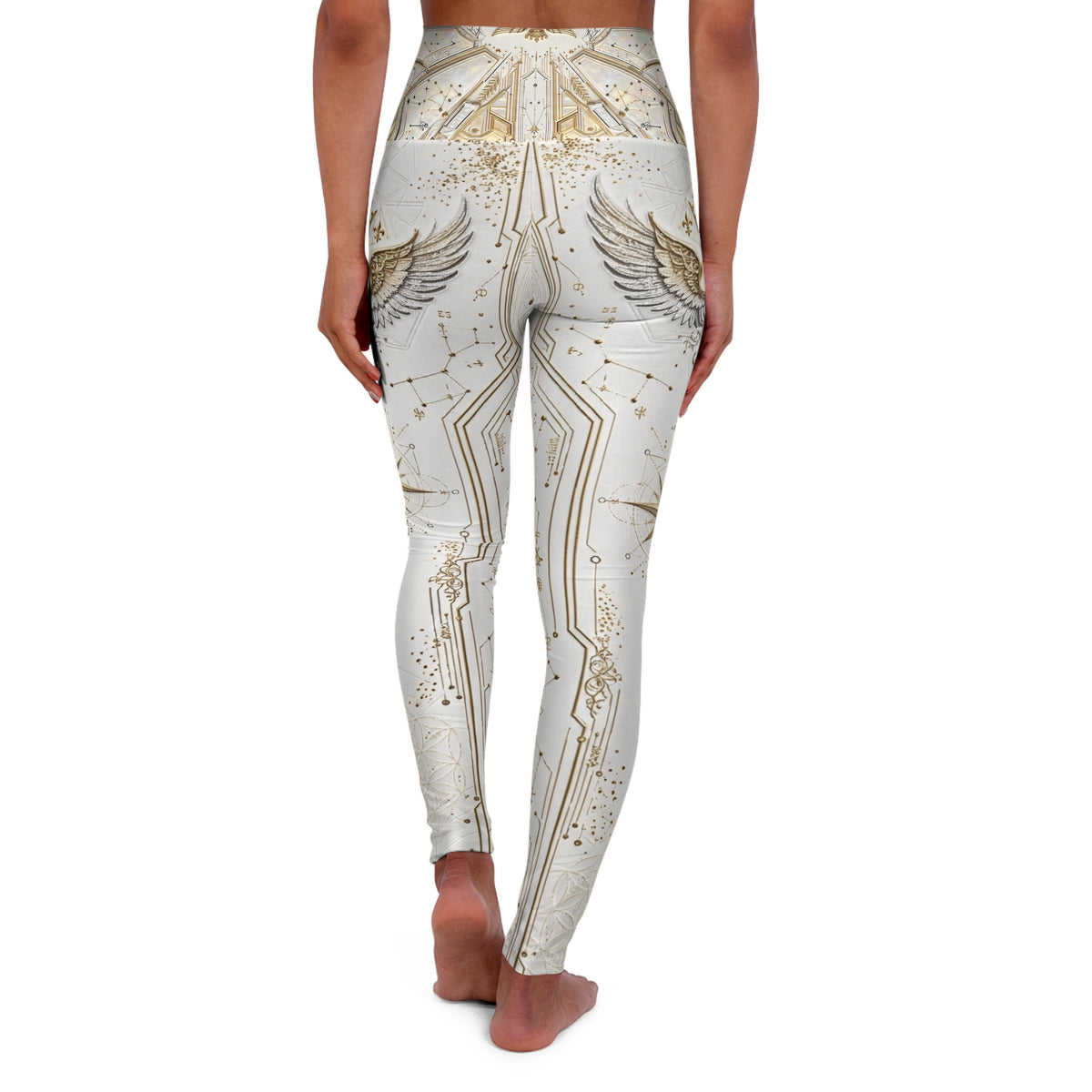 Divine Cadet  Futuristic Gold Angel Wings High-Waist  Yoga Leggings — Elegant Metallic AOP Activewear