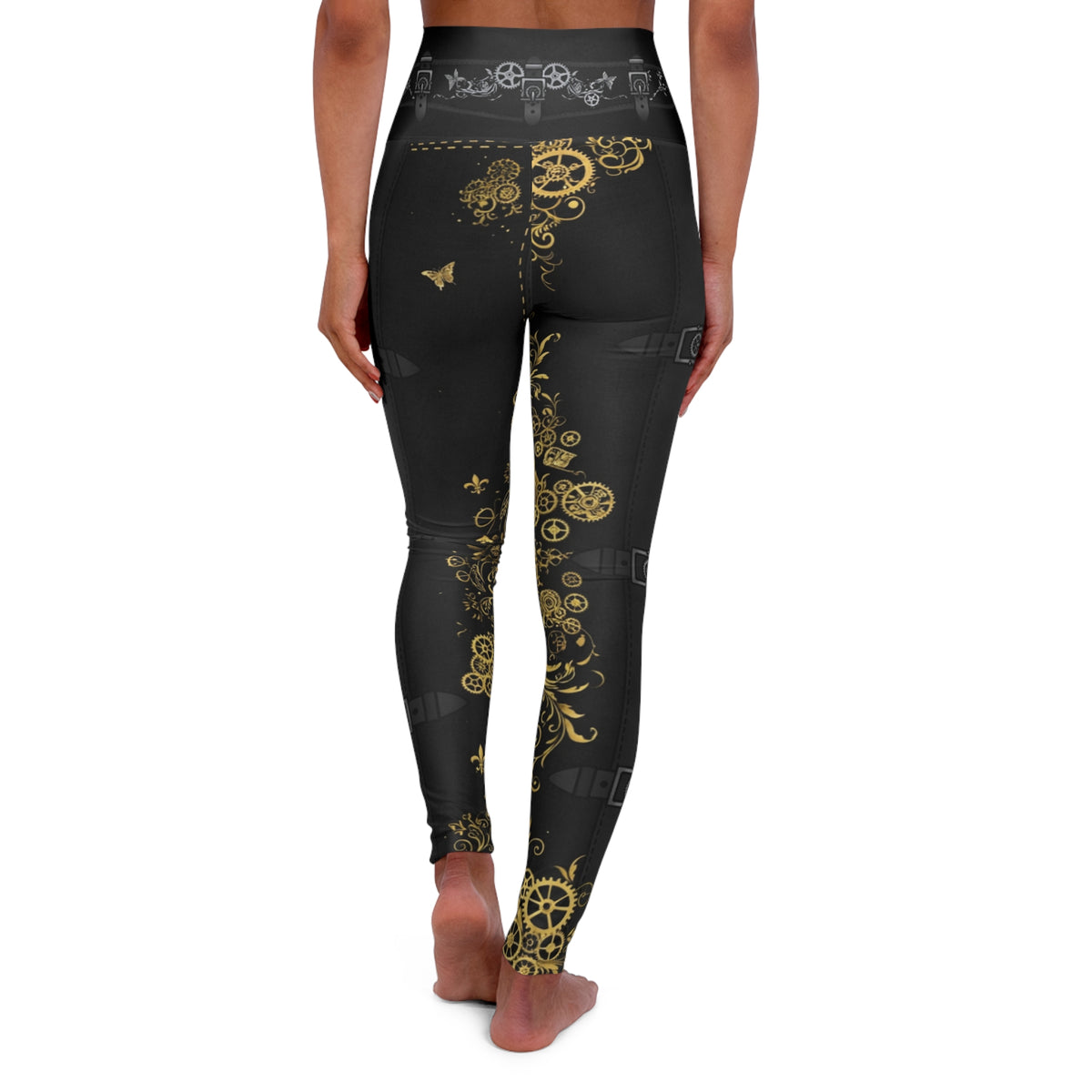 Steampunk Gold Gear High-Waisted Yoga Leggings
