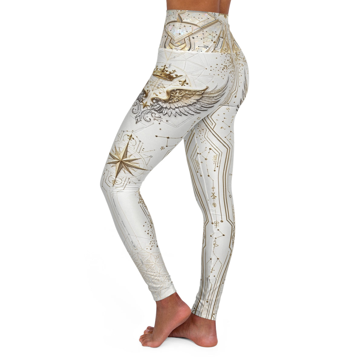 Divine Cadet  Futuristic Gold Angel Wings High-Waist  Yoga Leggings — Elegant Metallic AOP Activewear