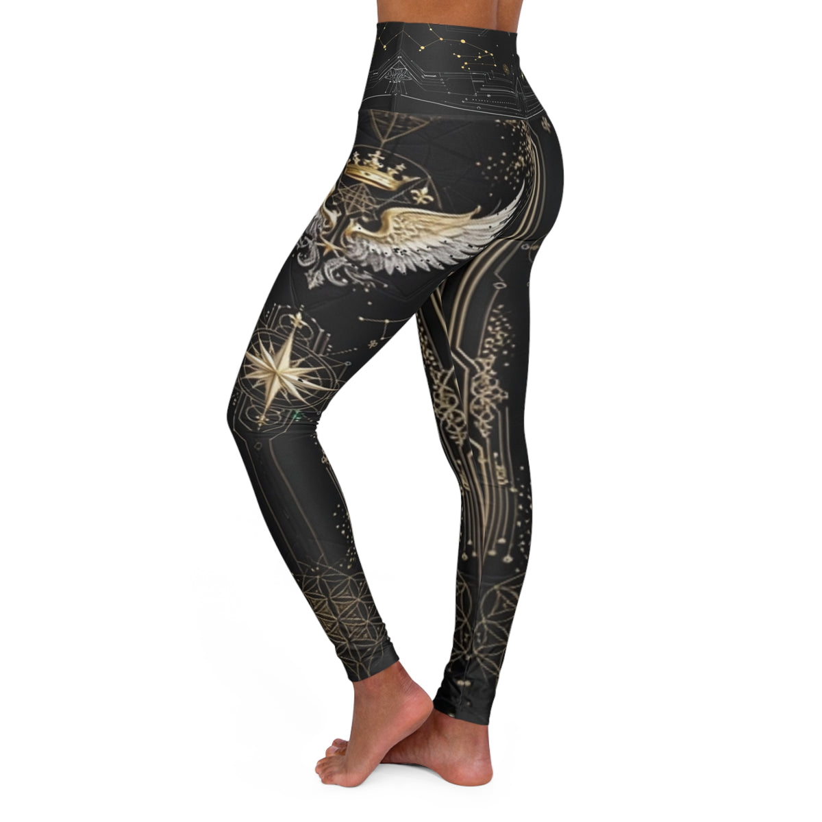 Celestial Wing Divine Cadet Futuristic Moonlit Constellation Print   High-Waist Yoga Leggings