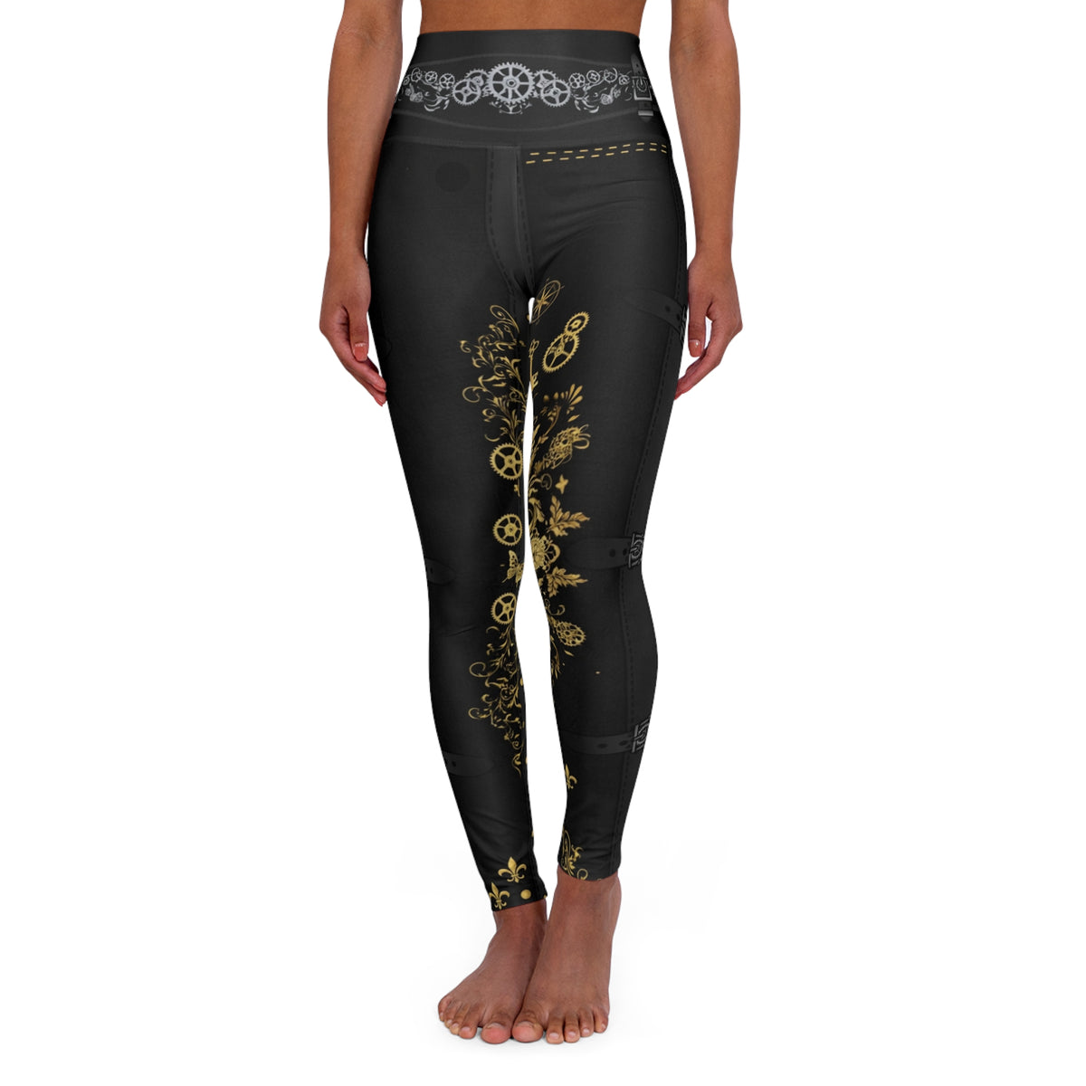 Steampunk Gold Gear High-Waisted Yoga Leggings
