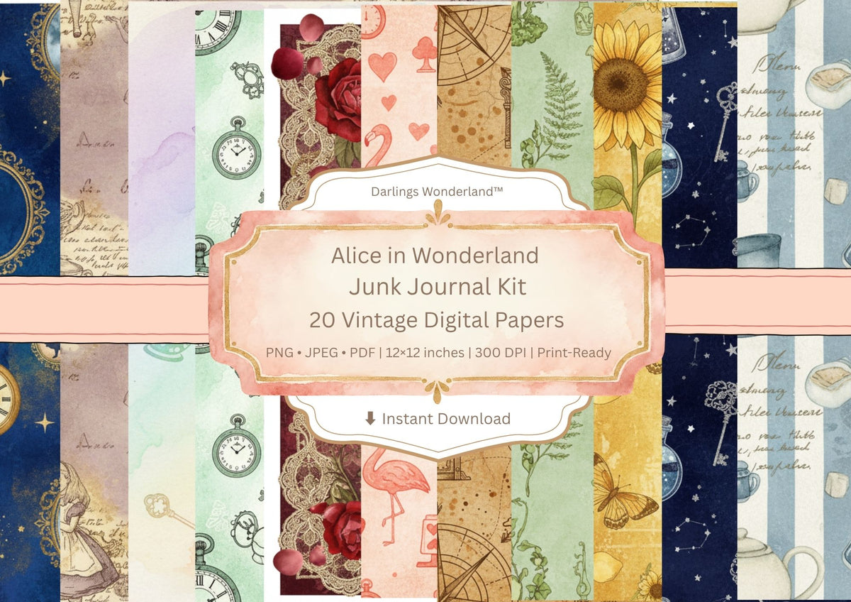 Alice in Wonderland Junk Journal Kit — 20 Vintage Digital Papers by Darlings Wonderland