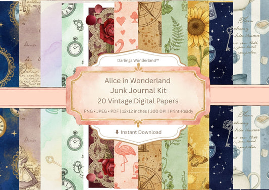 Alice in Wonderland Junk Journal Kit — 20 Vintage Digital Papers by Darlings Wonderland