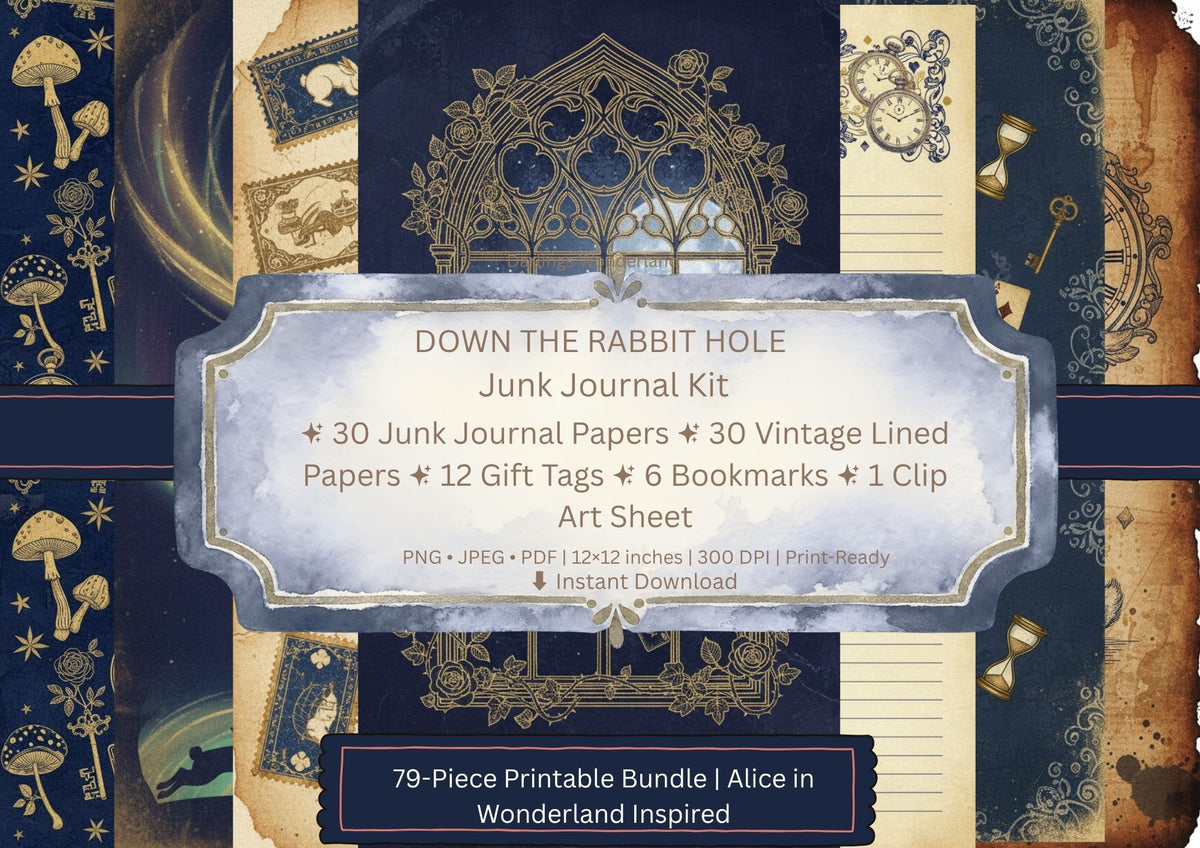 Down the Rabbit Hole — Alice in Wonderland Junk Journal Kit mockup — 79-piece printable bundle