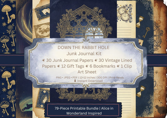 Down the Rabbit Hole — Alice in Wonderland Junk Journal Kit mockup — 79-piece printable bundle
