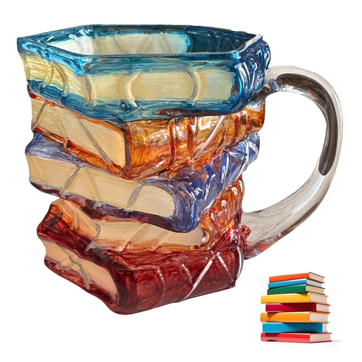 3D Glass Painted Book Mug, Unique Design Books Stack Coffee Mug With Spoon, Book Club Gift for Bookish Bookworm Librarian Writer
