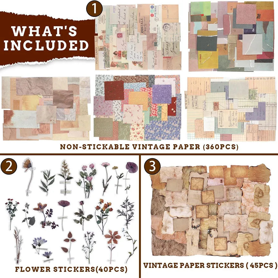 445Pcs Vintage Junk Journal Kit Scrapbooking Paper Ephemera Pack Aesthetic Journal Supplies Retro Sticker Floral Decoupage Craft