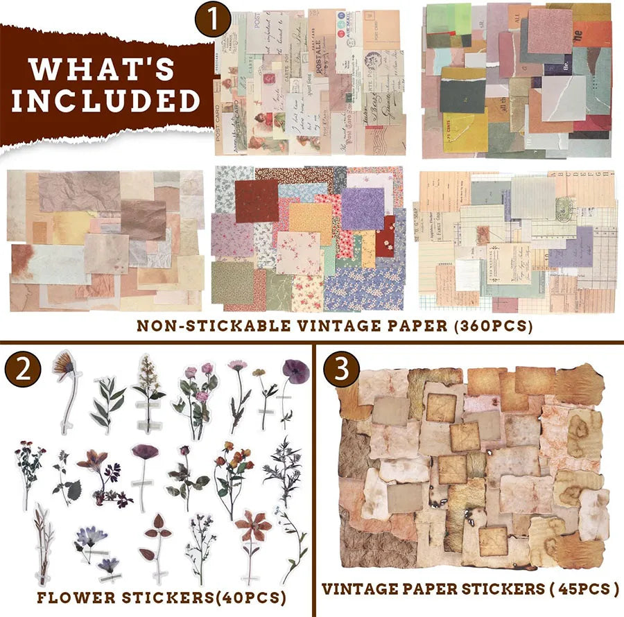 445Pcs Vintage Junk Journal Kit Scrapbooking Paper Ephemera Pack Aesthetic Journal Supplies Retro Sticker Floral Decoupage Craft