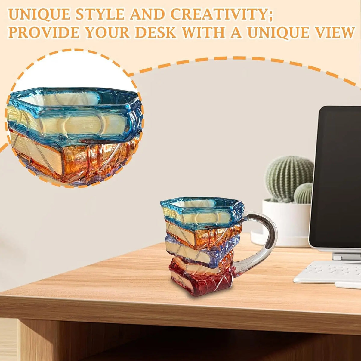 3D Glass Painted Book Mug, Unique Design Books Stack Coffee Mug With Spoon, Book Club Gift for Bookish Bookworm Librarian Writer