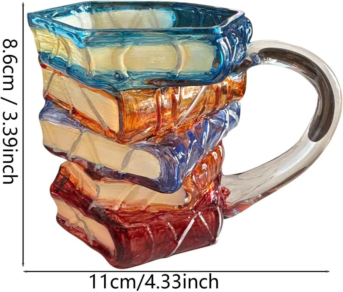 3D Glass Painted Book Mug, Unique Design Books Stack Coffee Mug With Spoon, Book Club Gift for Bookish Bookworm Librarian Writer