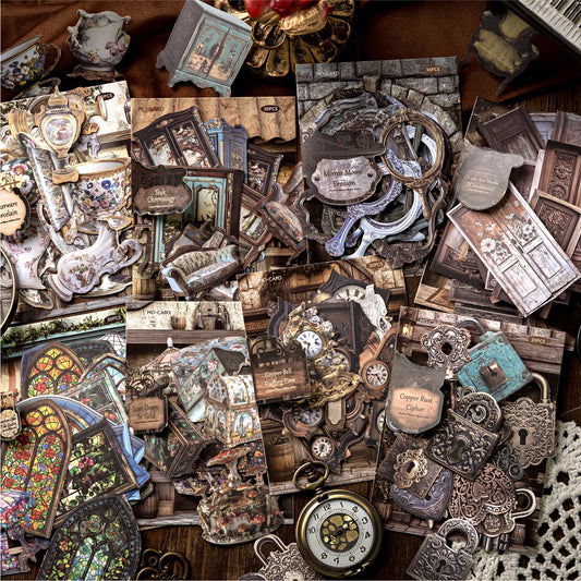 1 Bag Retro Style Junk Journal Kit Antique Lock Mirror Pocket Watch Stickers for Scrapbooking DIY Craft & Journal Decoration