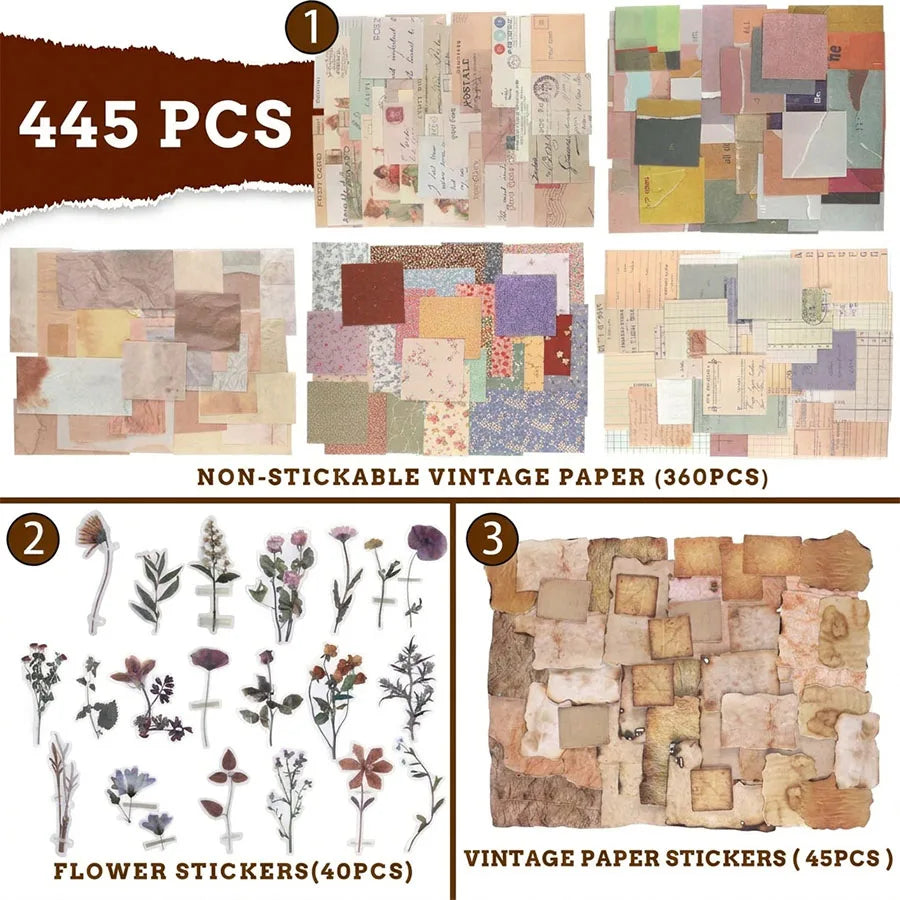 445Pcs Vintage Junk Journal Kit Scrapbooking Paper Ephemera Pack Aesthetic Journal Supplies Retro Sticker Floral Decoupage Craft
