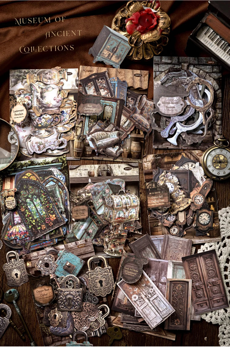 1 Bag Retro Style Junk Journal Kit Antique Lock Mirror Pocket Watch Stickers for Scrapbooking DIY Craft & Journal Decoration