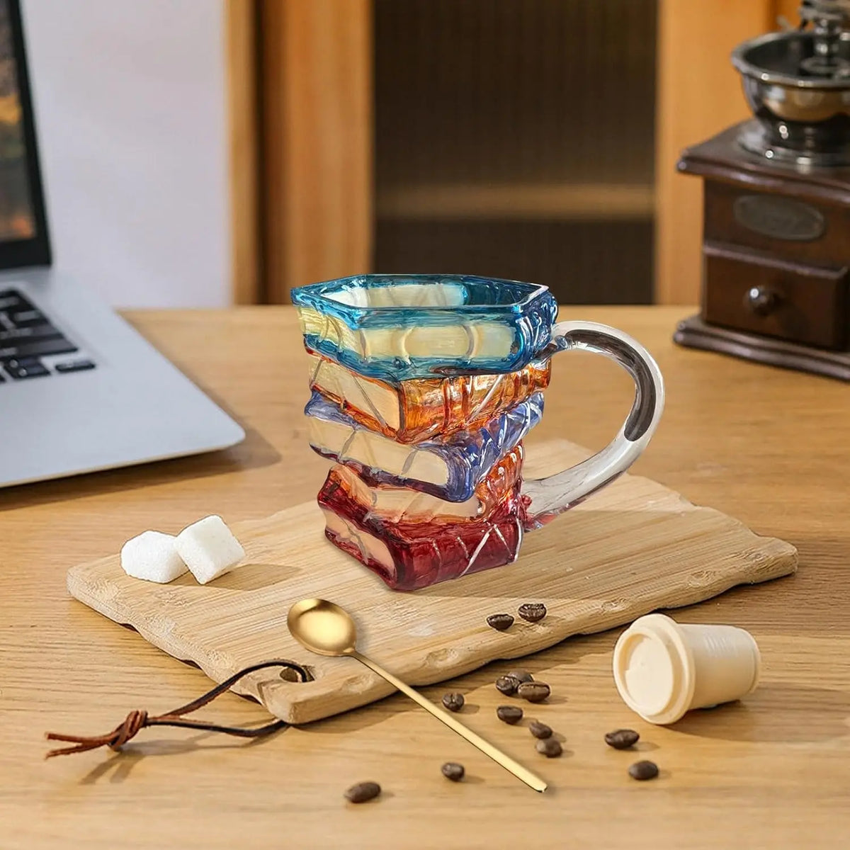 3D Glass Painted Book Mug, Unique Design Books Stack Coffee Mug With Spoon, Book Club Gift for Bookish Bookworm Librarian Writer