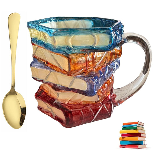 3D Glass Painted Book Mug, Unique Design Books Stack Coffee Mug With Spoon, Book Club Gift for Bookish Bookworm Librarian Writer