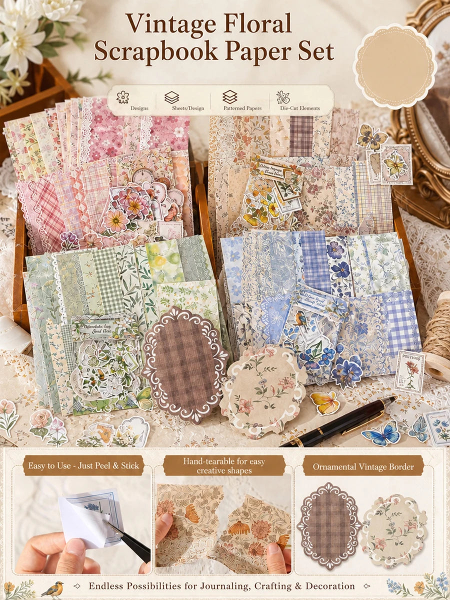 Vintage Floral Scrapbook Paper Journaling Stickers Material Paper Junk Journal Supplies Bullet Retro Crafts Planner Collage Card