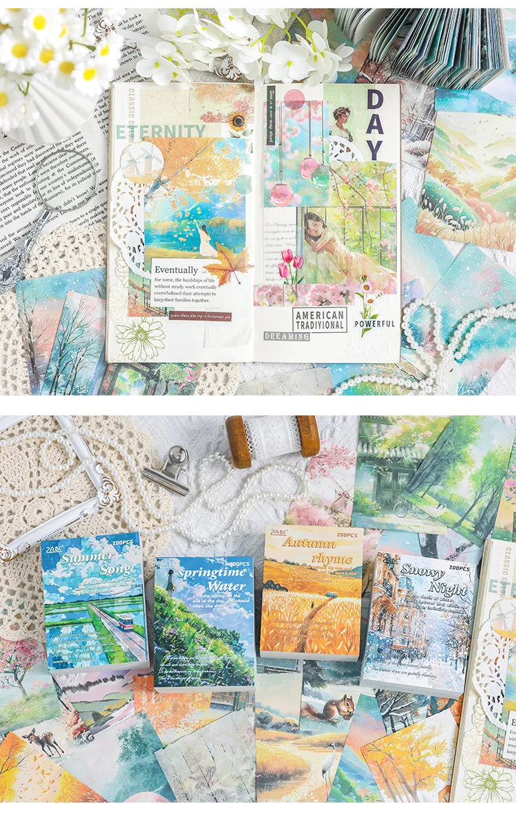 200 Sheets Beautiful Four Seasons Scenery Paper, all seasonal views for journal background collage