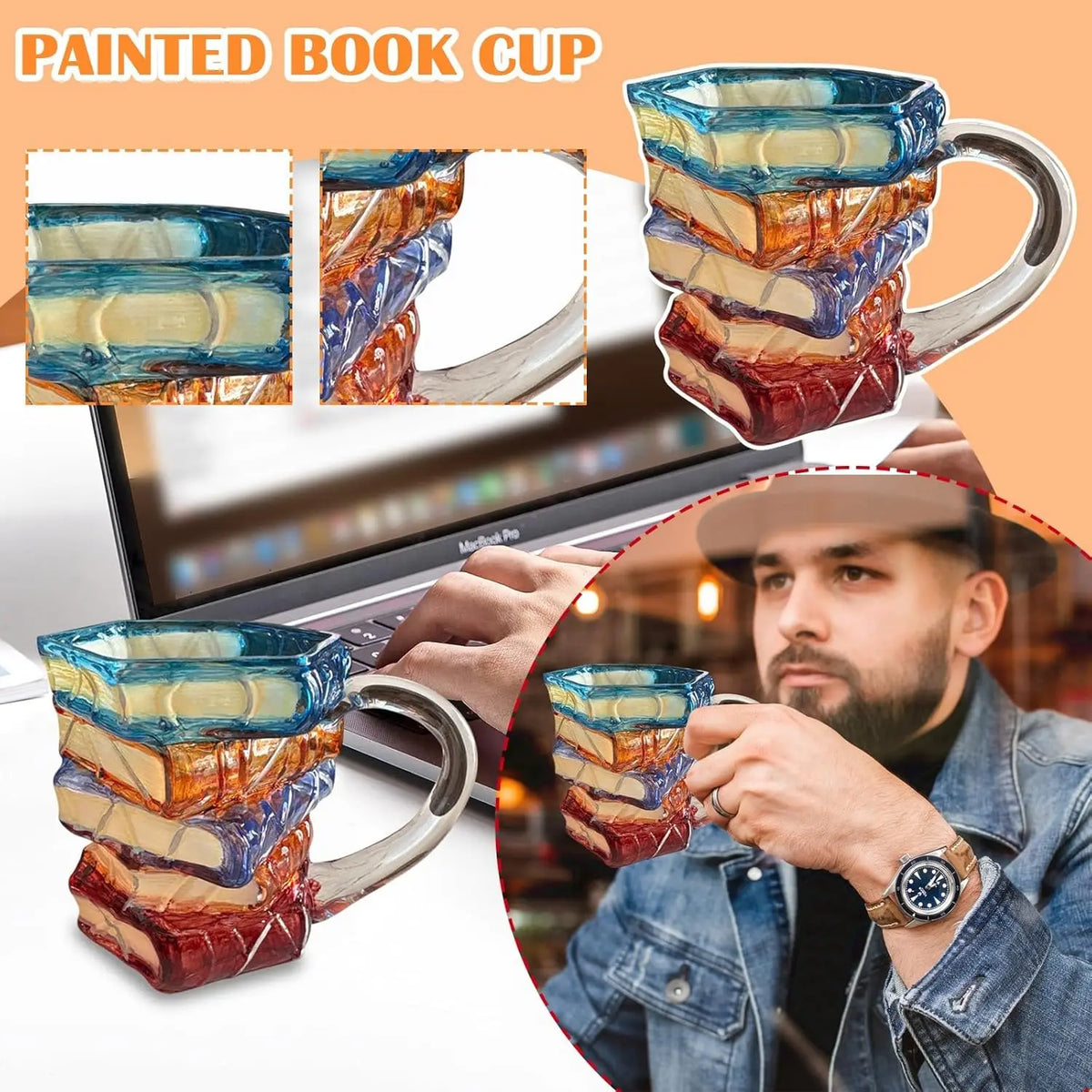 3D Glass Painted Book Mug, Unique Design Books Stack Coffee Mug With Spoon, Book Club Gift for Bookish Bookworm Librarian Writer