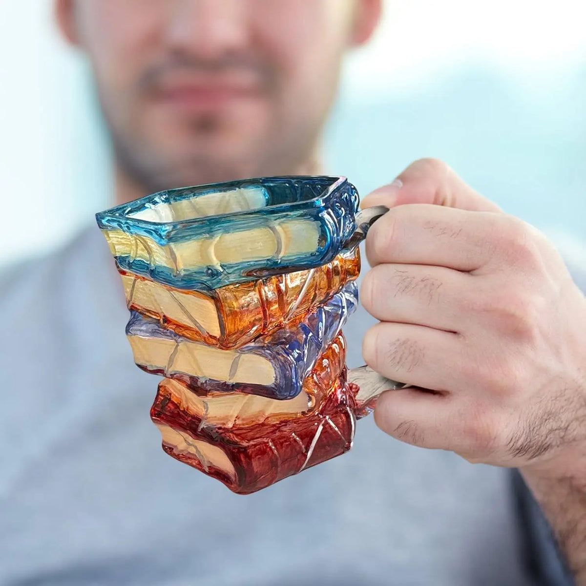 3D Glass Painted Book Mug, Unique Design Books Stack Coffee Mug With Spoon, Book Club Gift for Bookish Bookworm Librarian Writer