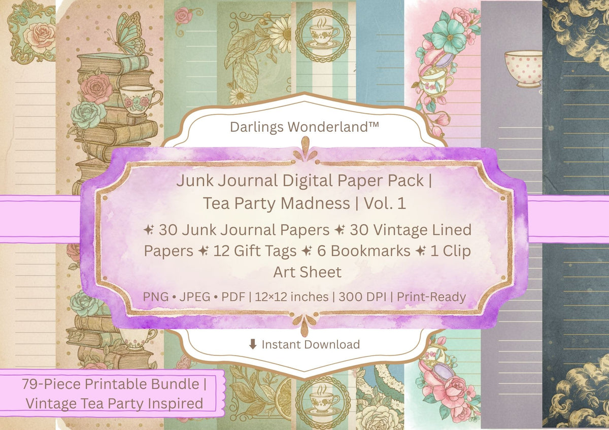 Tea Party Madness — Junk Journal Digital Paper Pack Vol. 1 mockup — 79-piece printable bundle