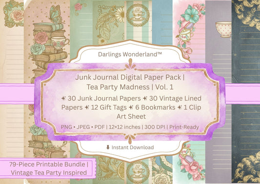 Tea Party Madness — Junk Journal Digital Paper Pack Vol. 1 mockup — 79-piece printable bundle