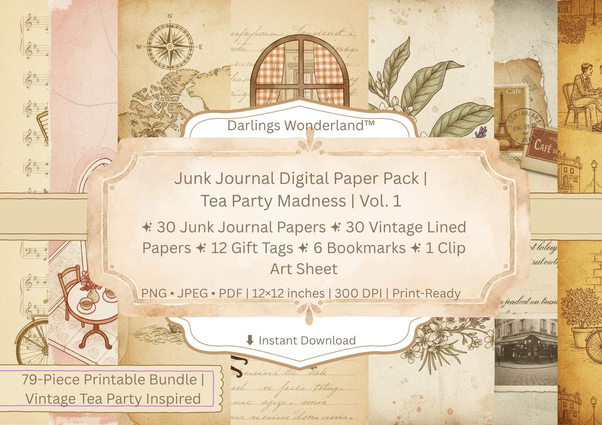 Vintage Café Junk Journal Digital Paper Pack Vol. 1 — 79-piece printable bundle mockup