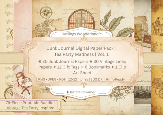 Vintage Café Junk Journal Digital Paper Pack Vol. 1 — 79-piece printable bundle mockup