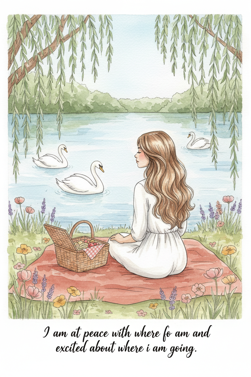 Sample coloured page — lakeside picnic with swans