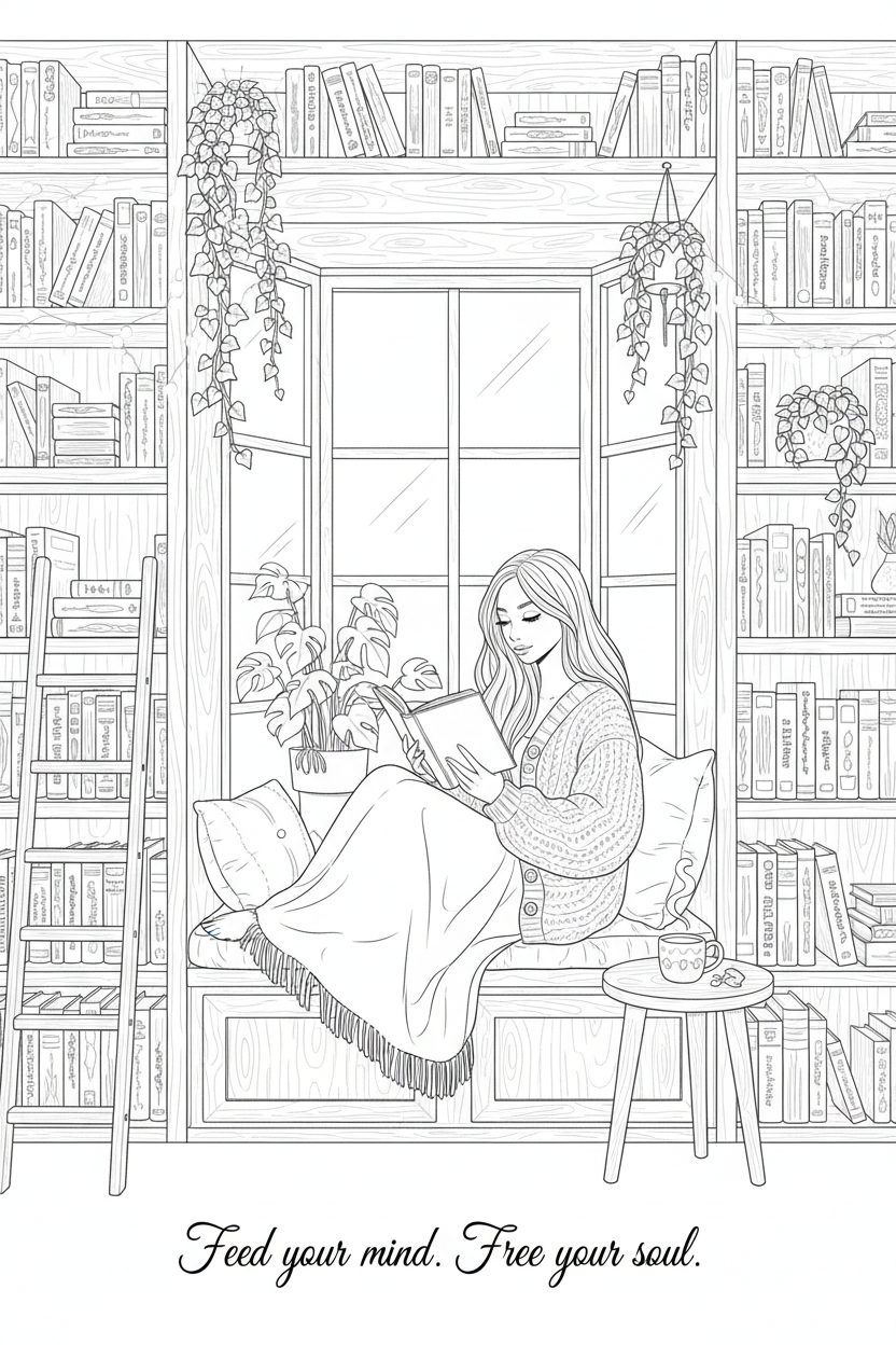 Self-Love Coloring Page 10 — Reading Nook