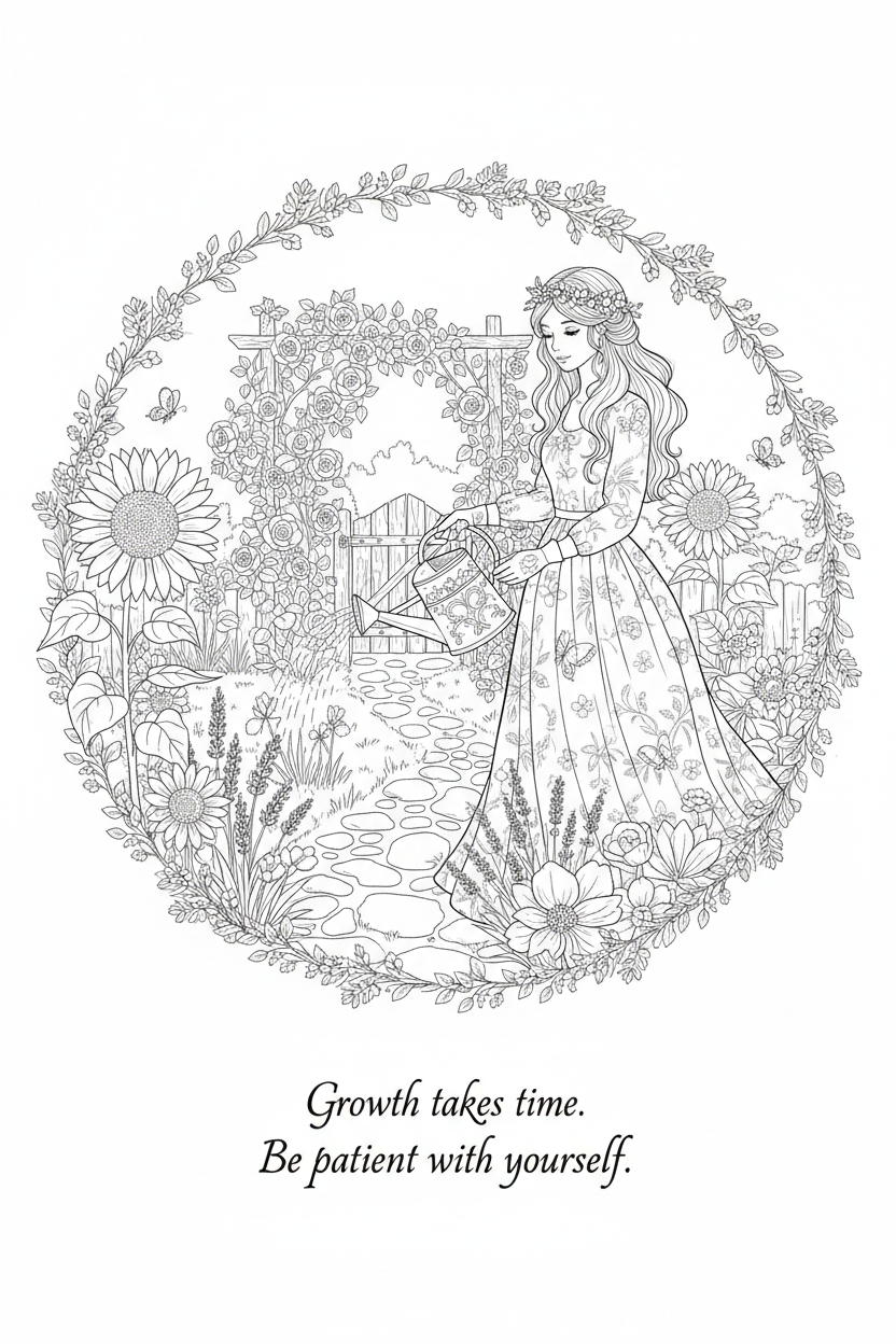 Self-Love Coloring Page 12 — Cottage Garden