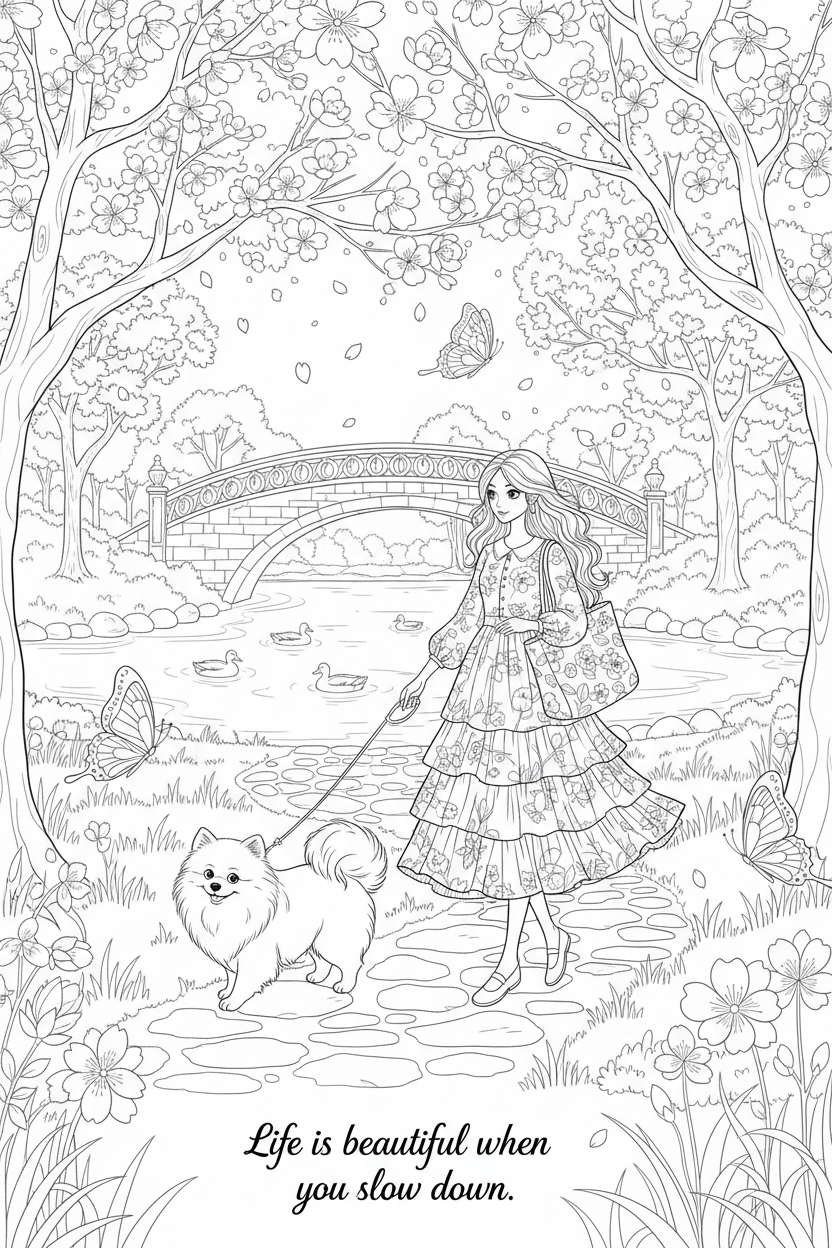 Self-Love Coloring Page 14 — Cherry Blossom Walk