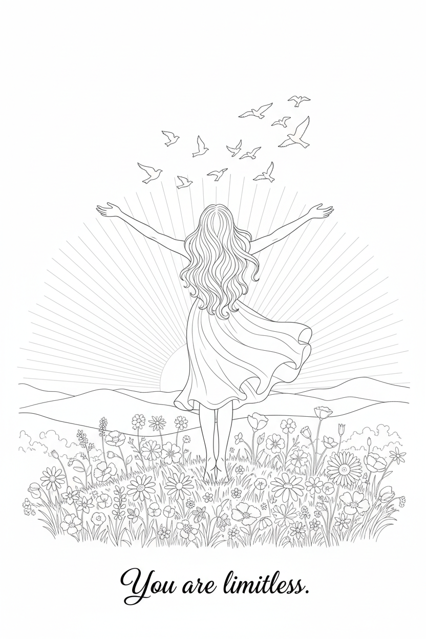 Self-Love Coloring Page 17 — Sunrise Hilltop
