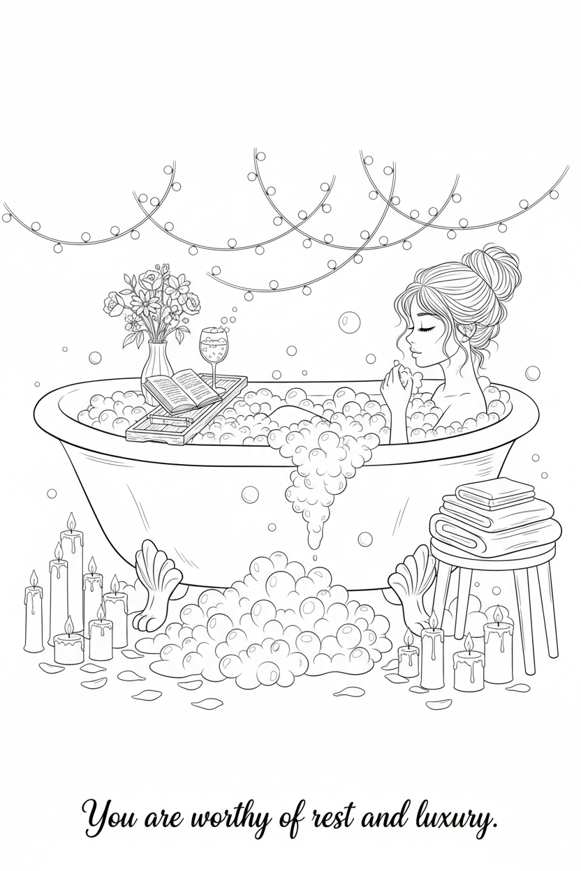 Self-Love Coloring Page 22 — Bubble Bath