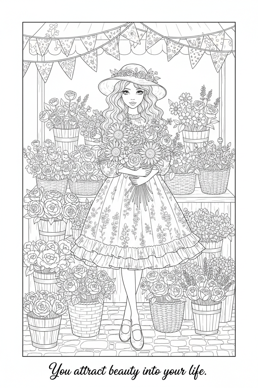 Self-Love Coloring Page 28 — Flower Market
